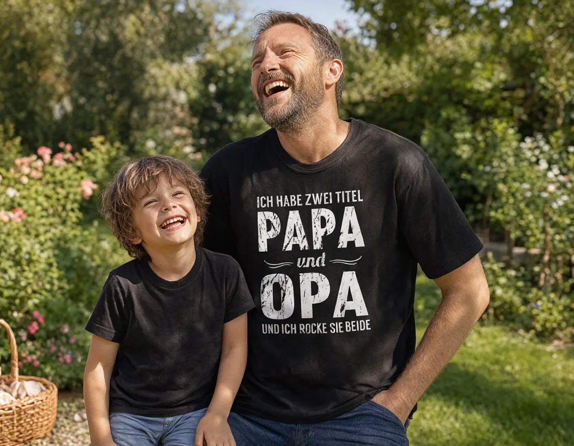 Vater und Sohn lachen im Garten – Papa trägt das T-Shirt „Ich habe zwei Titel: Papa und Opa“